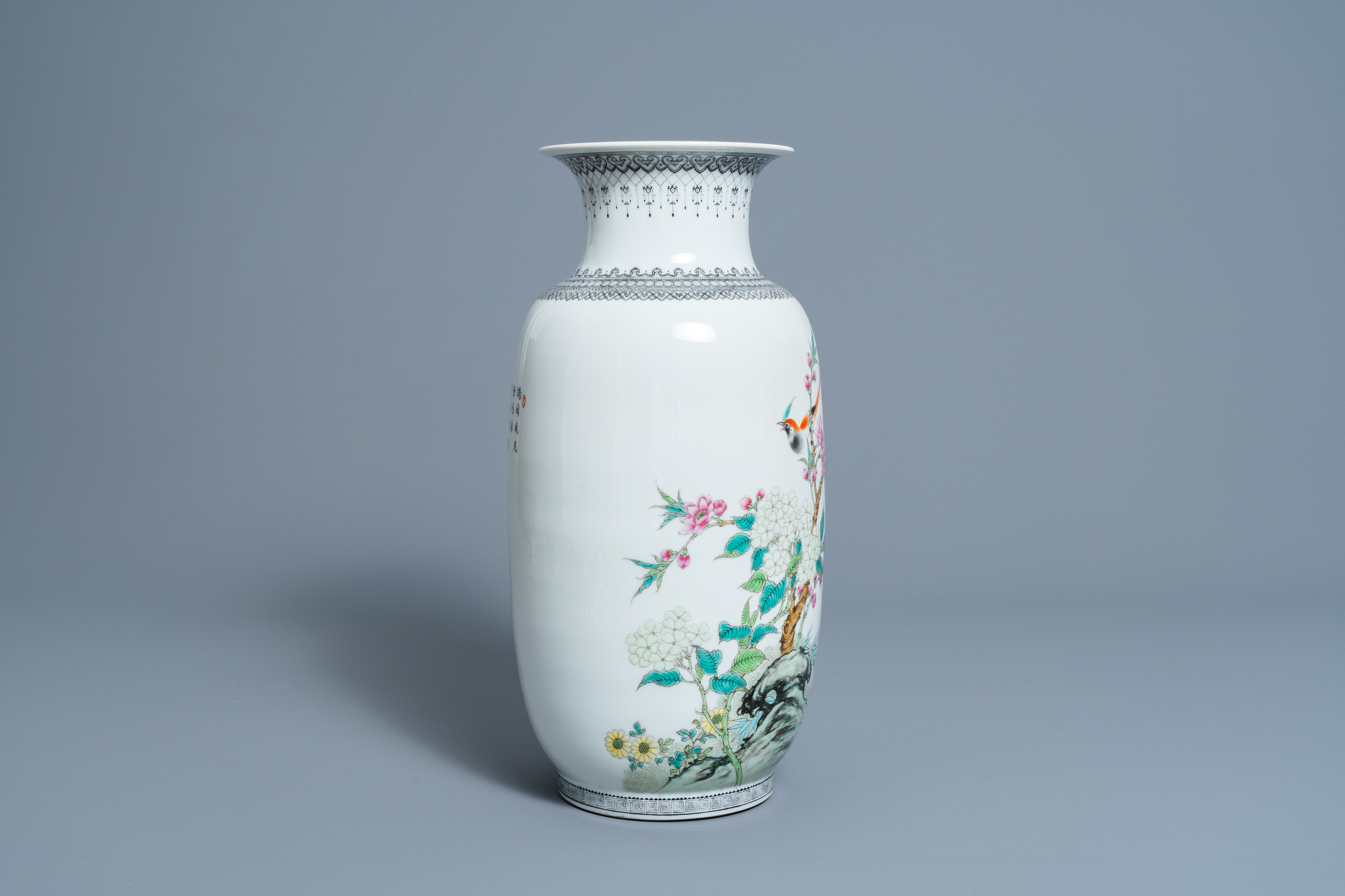 A Chinese famille rose vase with birds among blossoming branches, Republic, 20th C. - Image 4 of 7