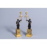 An extraordinary pair of French Empire style patinated bronze and ormolu chinoiserie candelabra, ear