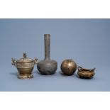 Two Chinese bronze censers, an incense ball and a pewter vase, 19th/20th C.