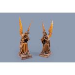 A pair of large carved oak wooden Gothic Revival angels, Belgium or France, 19th C.