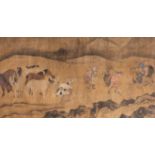 Chinese school: A mountain landscape with horses, goats and figures, ink and colour on canvas, most