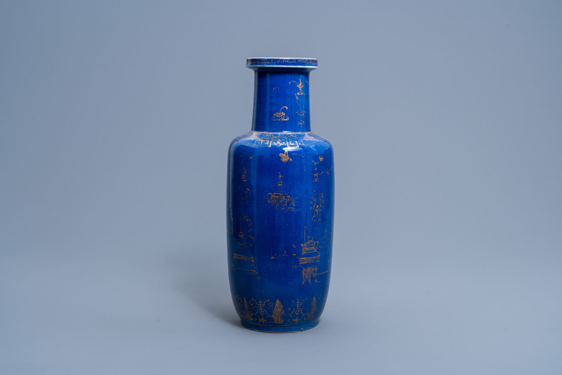 A Chinese powder blue and gilt 'antiquities' vase, 19th C. - Image 2 of 6