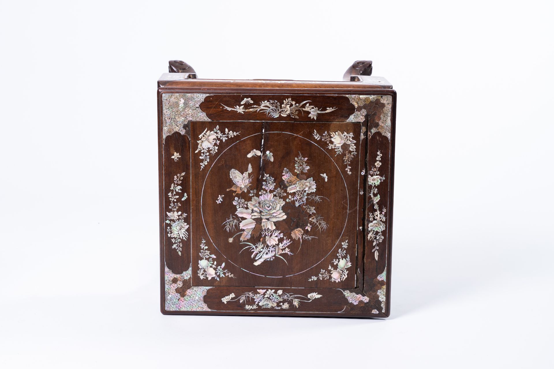 A Vietnamese or Chinese wood stand inlaid with mother-of-pearl with butterflies among blossoming bra - Image 7 of 8