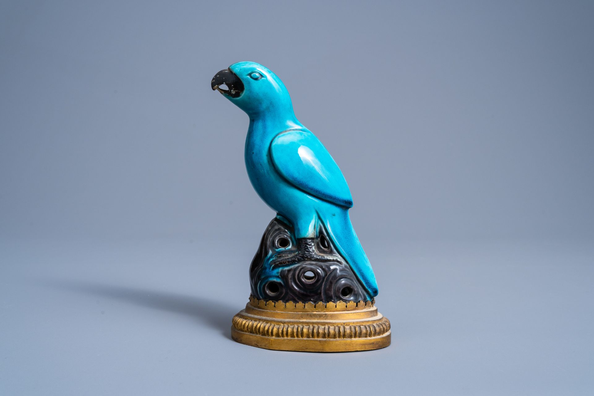 Two Chinese famille rose and verte plates and a turquoise and aubergine glazed parrot, 19th C. - Image 5 of 10