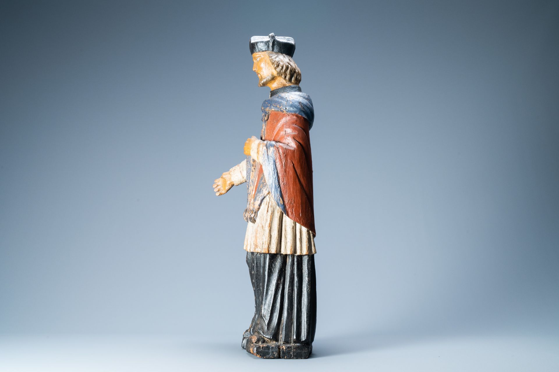 A carved and polychrome painted wooden figure of Saint John of Nepomuk, probably Germany, 17th/18th - Image 5 of 7