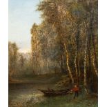 Alexander Wust (1837-1876): Man at the banks of the water at the edge of the woods, oil on canvas