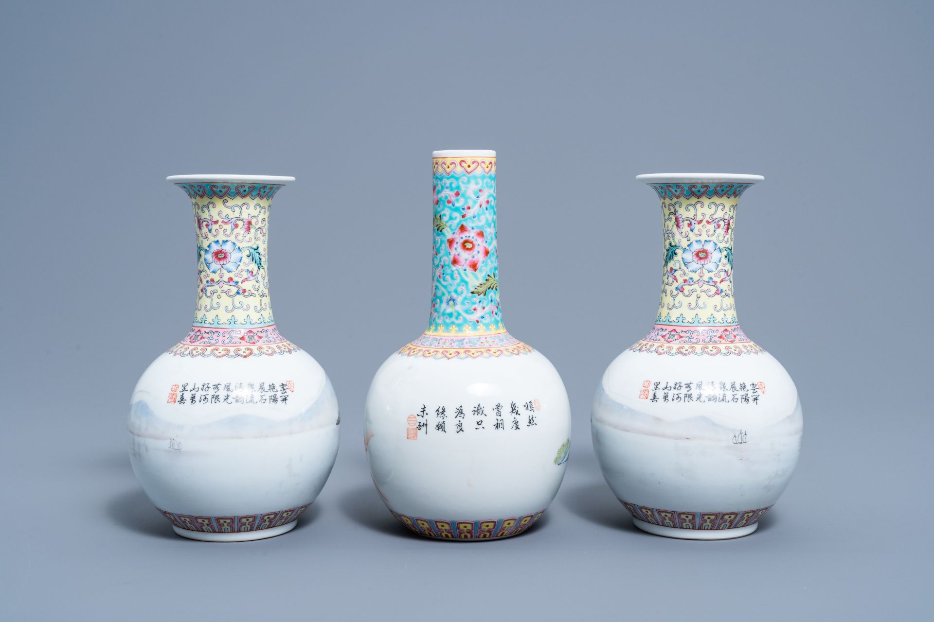 A pair of Chinese bottle shaped famille rose vases with an animated landscape and a vase with figura - Bild 3 aus 6