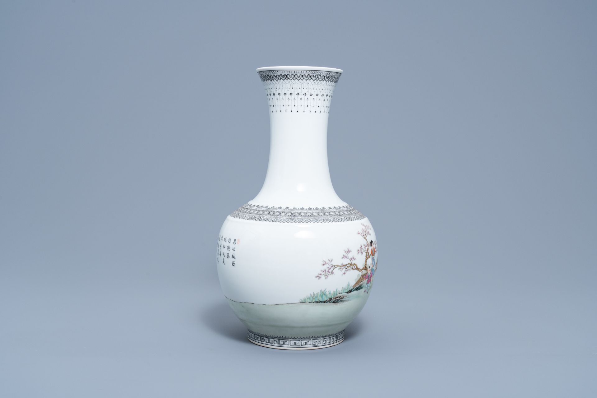 A Chinese bottle shaped famille rose vase with a visit to the family, Qianlong mark, Republic, 20th - Image 4 of 6