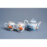 A Chinese Imari style teapot and cover and a pair of musterd jars with floral design, Qianlong