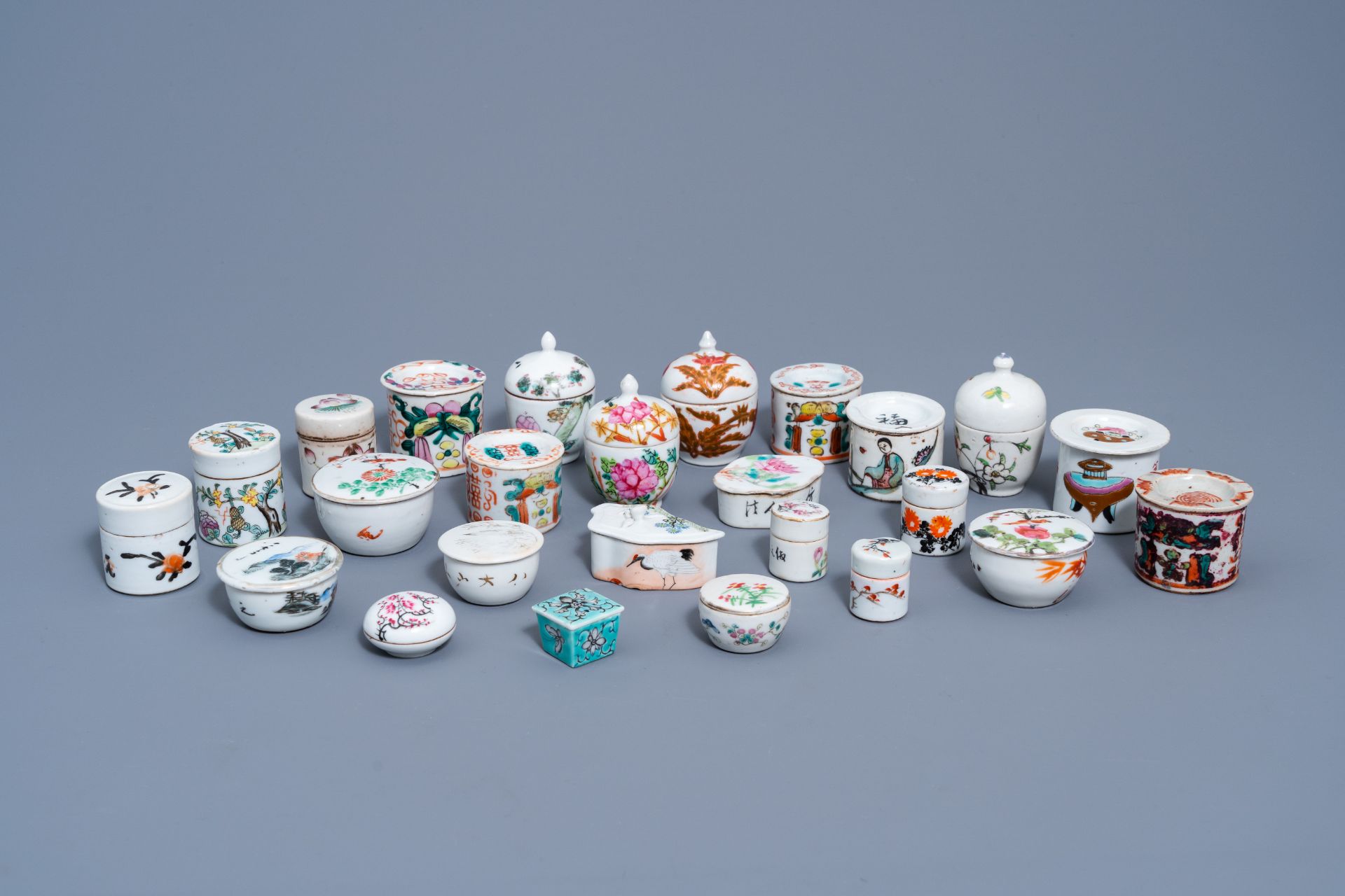 A varied collection of 25 Chinese famille rose, qianjiang cai and polychrome boxes and covers, 19th/