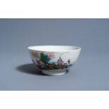 A Chinese famille rose and bianco sopra bianco bowl with an animated landscape, Qianlong