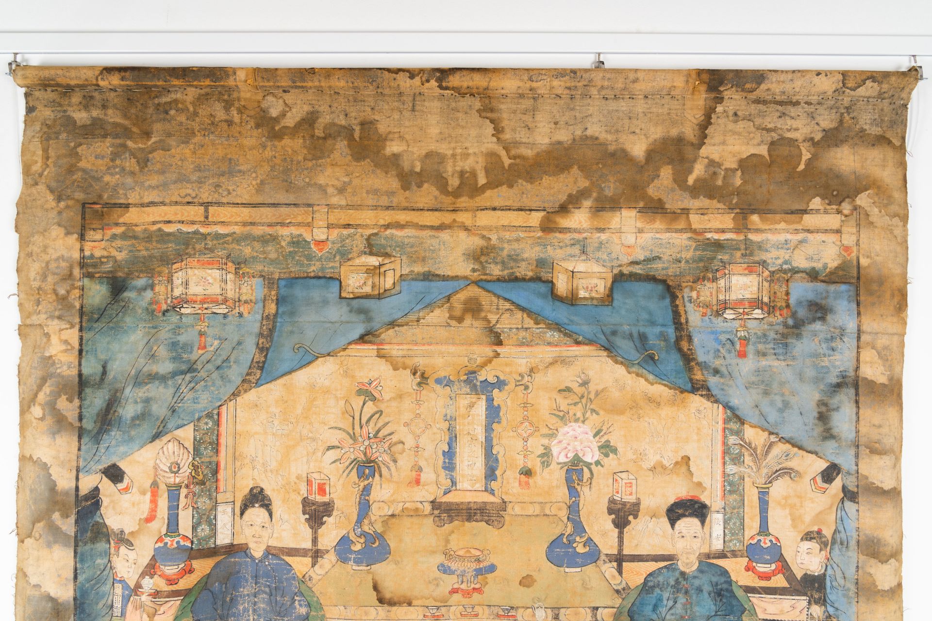 Chinese school: A large ancestor portrait, ink and colours on canvas, 19th C. - Image 4 of 15
