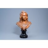 Alphonse I Van Beurden (1854-1938): Portrait bust of a girl, patinated terracotta on a wood base, da