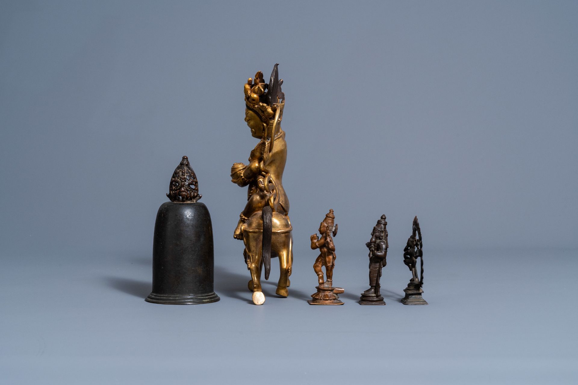 A Sino-Tibetan gilt bronze figure of Mahakala on horseback, a bronze bell and three various Indian s - Image 3 of 7