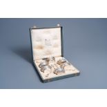 Six silver Louis XVI style salts with spoon with matching 'Wolfers Frres' case, 950/000, maker's ma