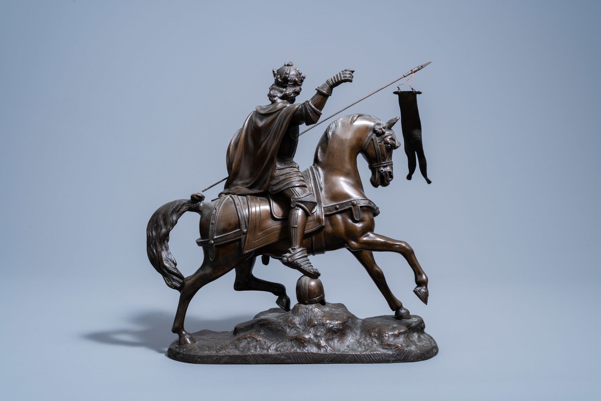 French school: Crusader on horseback, most probably Godfrey of Bouillon, brown patinated bronze on a - Image 4 of 9