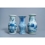 Two various Chinese blue and white celadon ground vases and a 'Xi' yenyen vase, 19th/20th C.