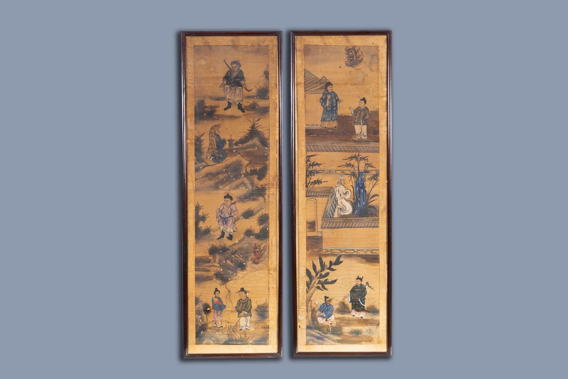 Chinese school: A pair of animated scenes, ink and colours on paper, 19th C.