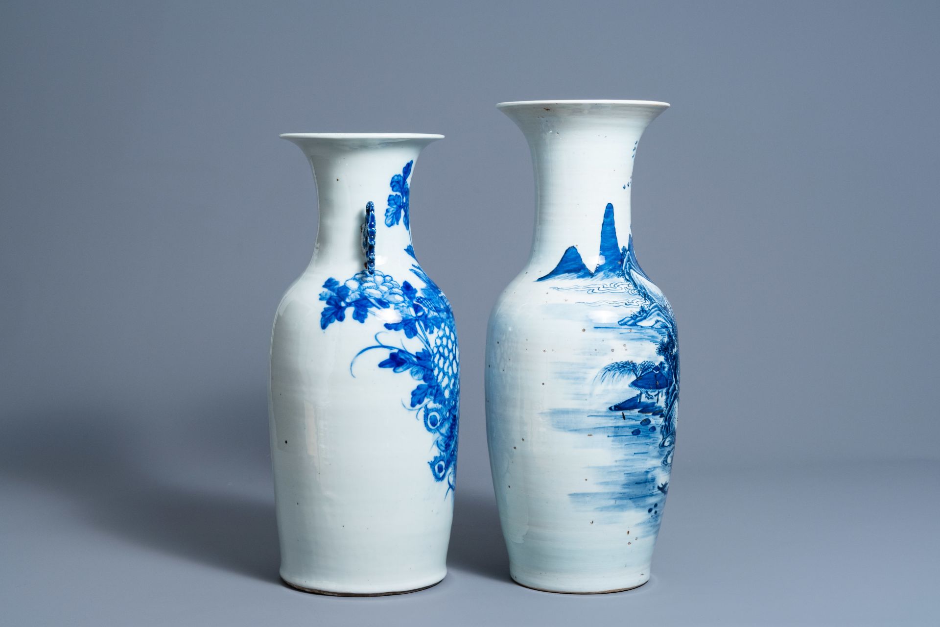Two Chinese blue and white vases with a phoenix among blossoming branches and an animated landscape, - Image 5 of 7