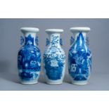 Three Chinese blue and white celadon ground vases with a dragon among blossoming branches and animat
