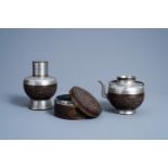 A Chinese pewter and carved coconut 'Shou' box and cover, a teapot and a tea caddy, Republic, 20th C