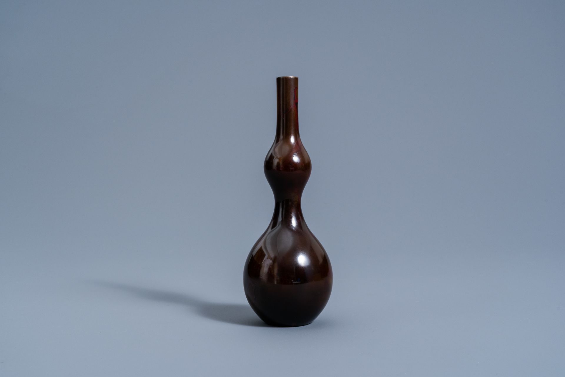 A Japanese bronze double gourd vase with flamed brown patina, Yoshida Kazumas, Showa, 20th C. - Image 2 of 8