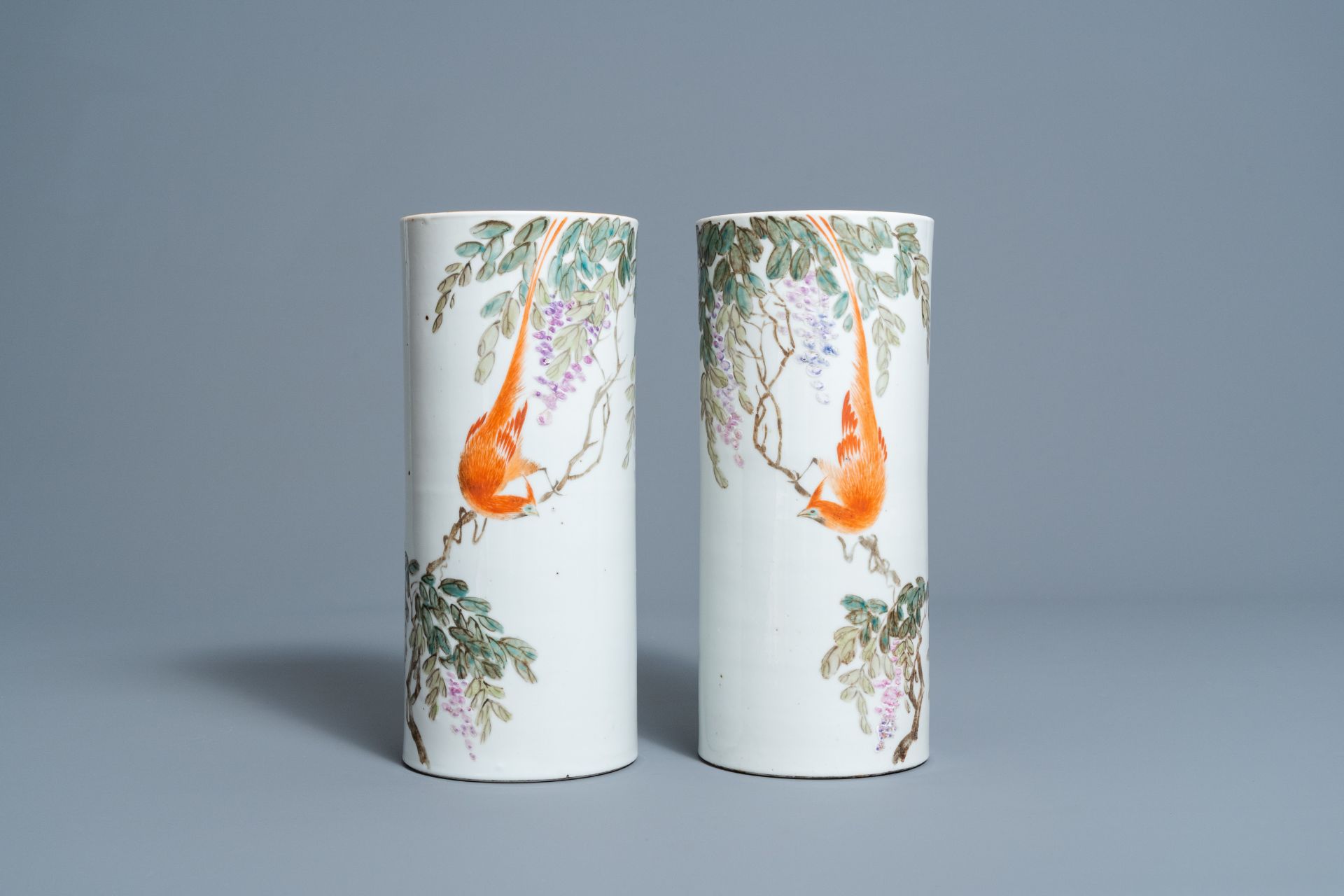 A pair of Chinese qianjiang cai hat stands with a bird on a blossoming branch, 19th/20th C. - Image 2 of 7