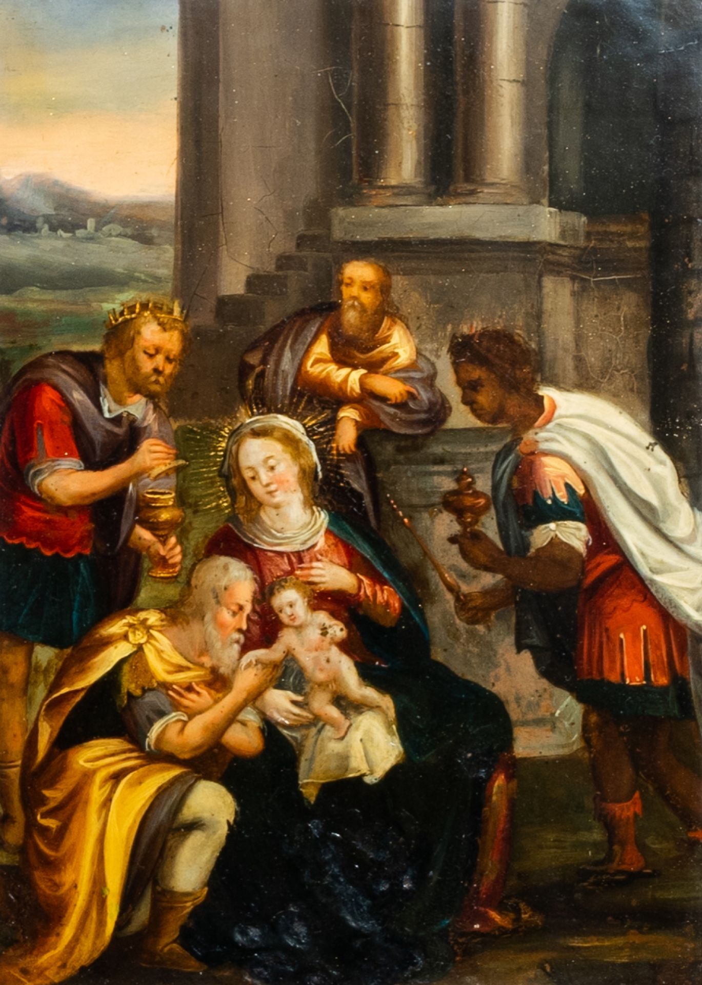 Flemish school: Adoration of the magi, oil on copper, 17th C.