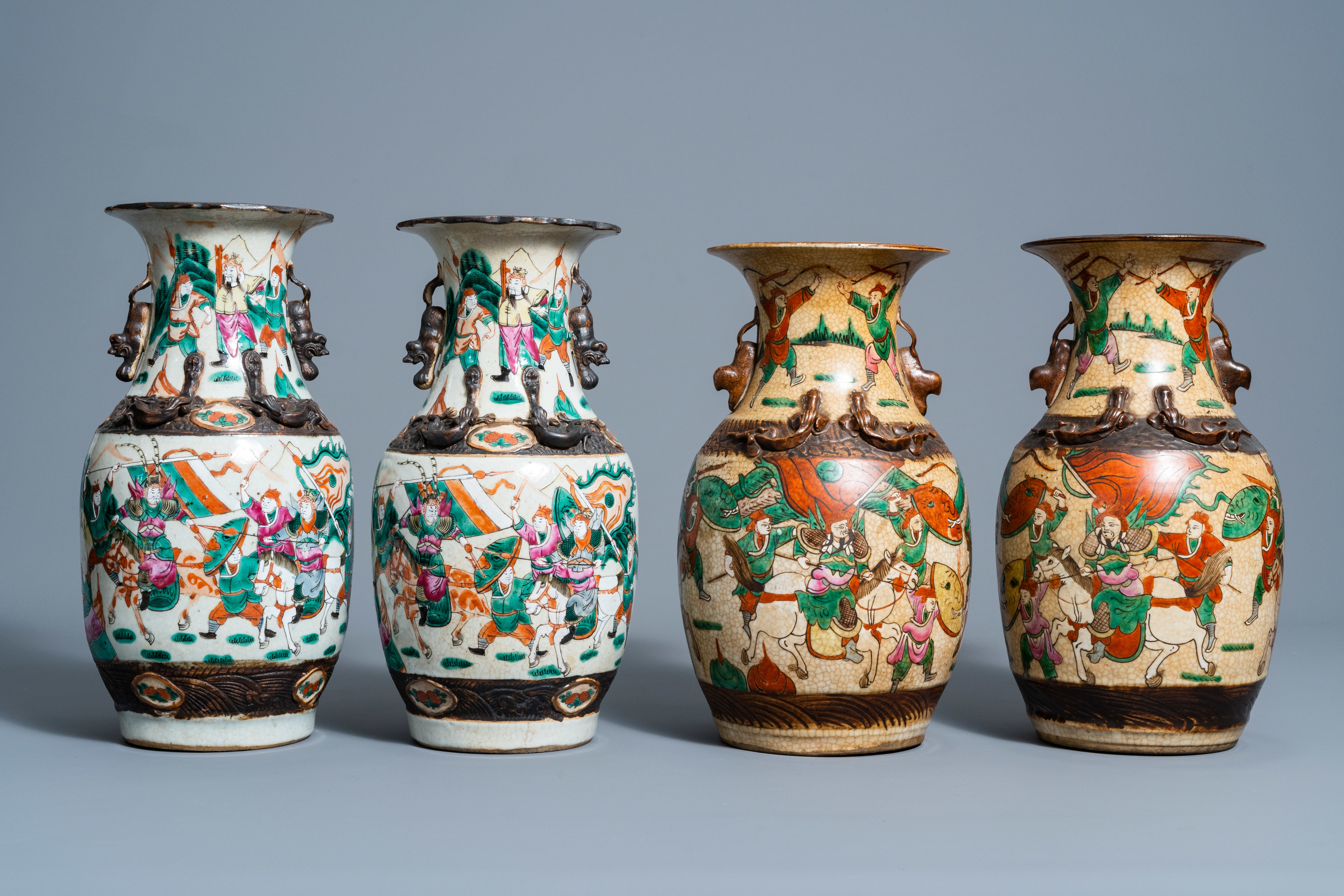 A varied collection of eight Chinese Nanking crackle glazed famille rose and verte vases with warrio - Image 8 of 13