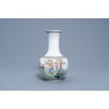 A Chinese bottle shaped famille rose vase with a visit to the family, Qianlong mark, Republic, 20th