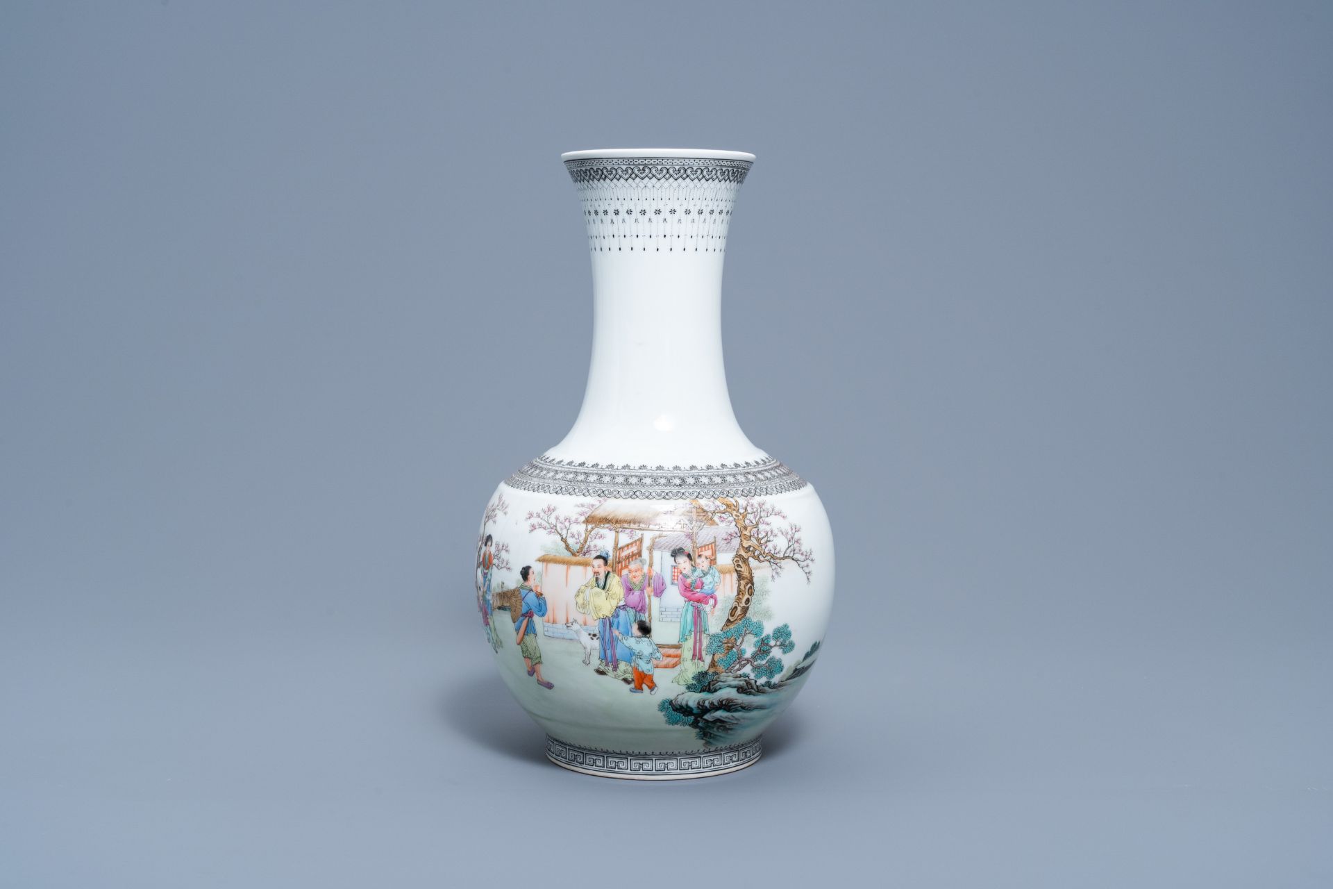 A Chinese bottle shaped famille rose vase with a visit to the family, Qianlong mark, Republic, 20th