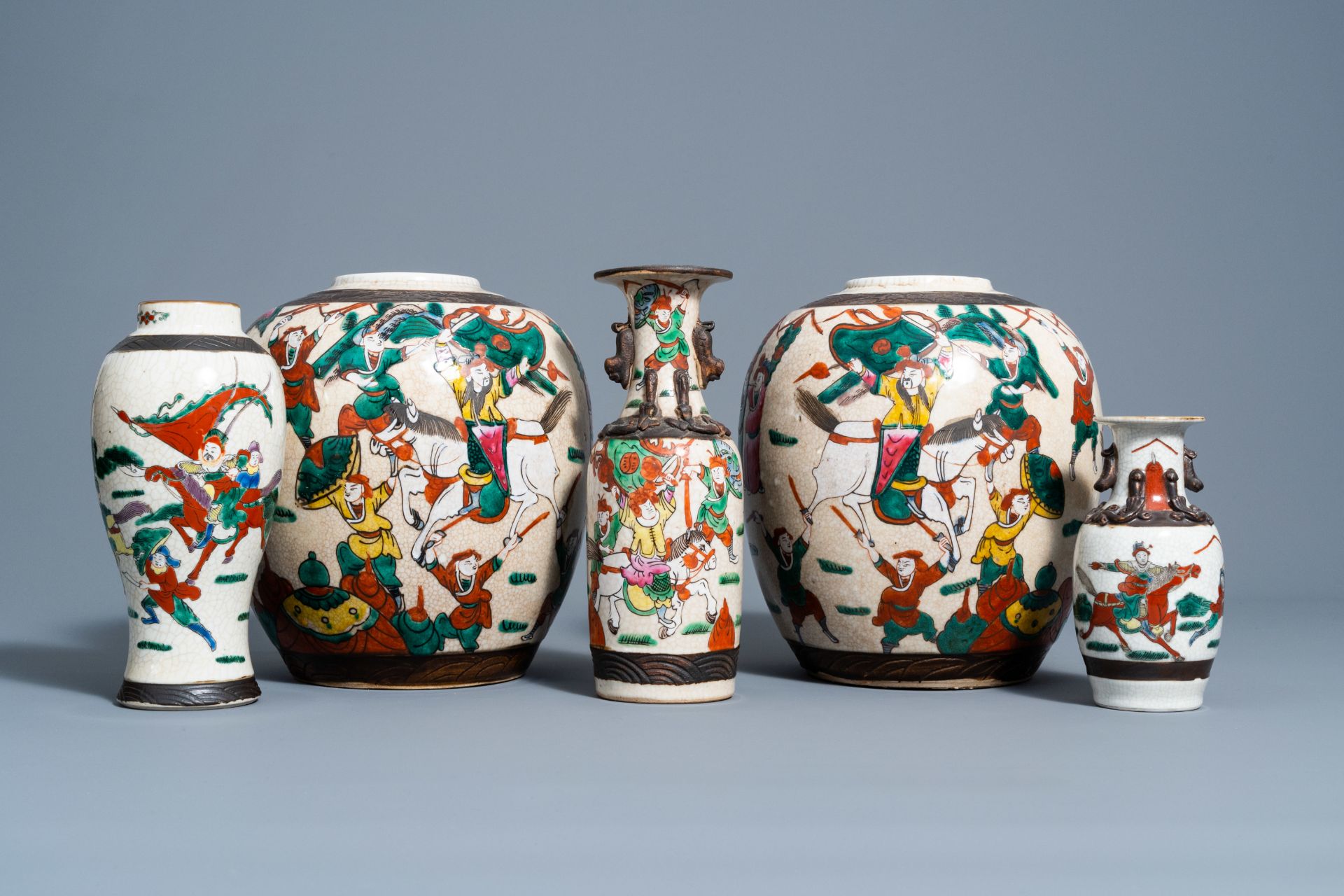 Three Chinese Nanking crackle glazed famille rose vases and a pair of ginger jars with warrior scene - Image 2 of 8