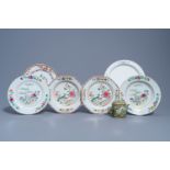 Six Chinese famille rose plates with floral design and a 'dragons' teapot, Qianlong and later