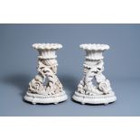 A pair of impressive Italian white marble 'Horns of plenty' or cornucopiae on foot, 19th C.