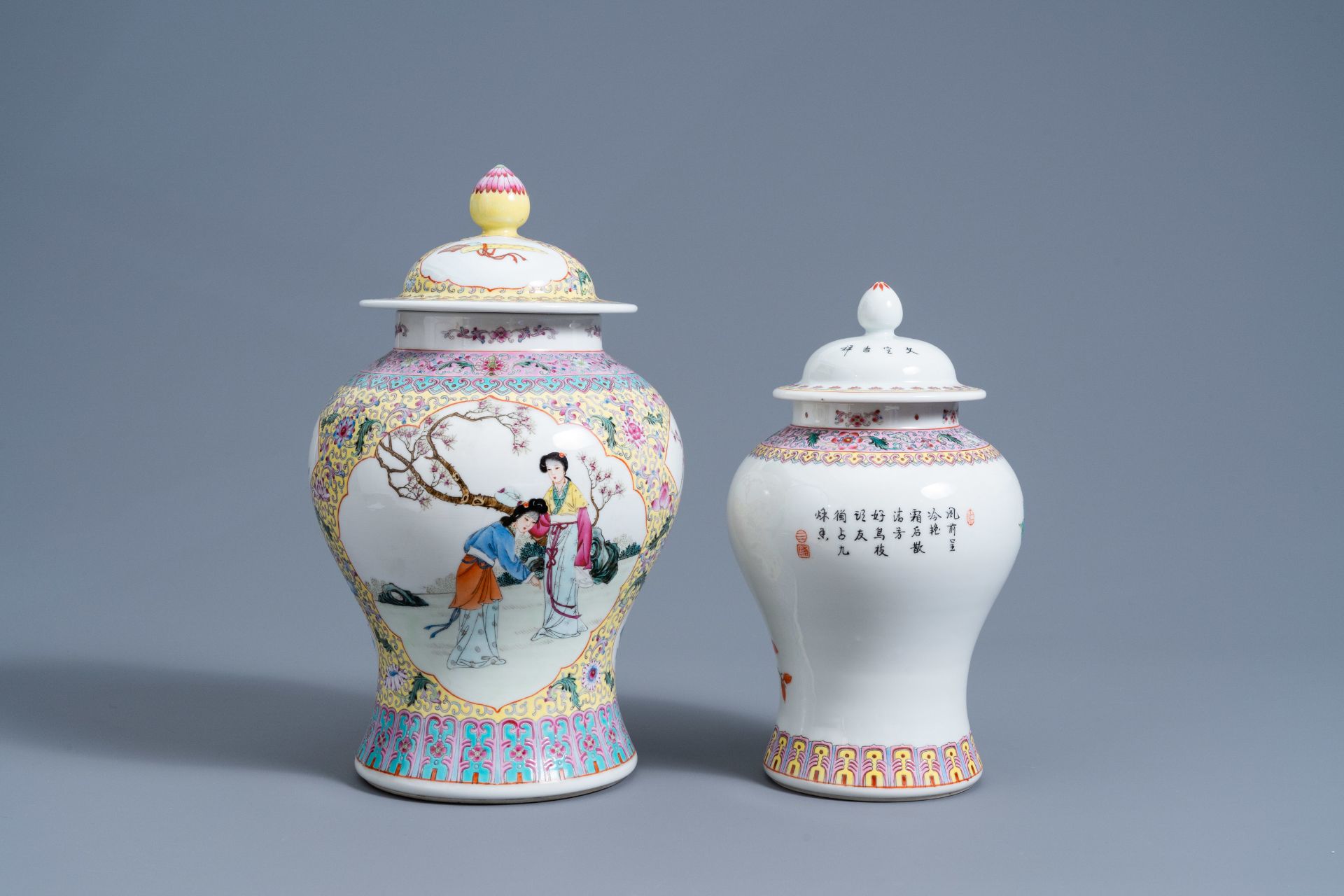 Two Chinese famille rose vases and covers and a plate with figures in a garden, Republic, 20th C. - Image 6 of 9