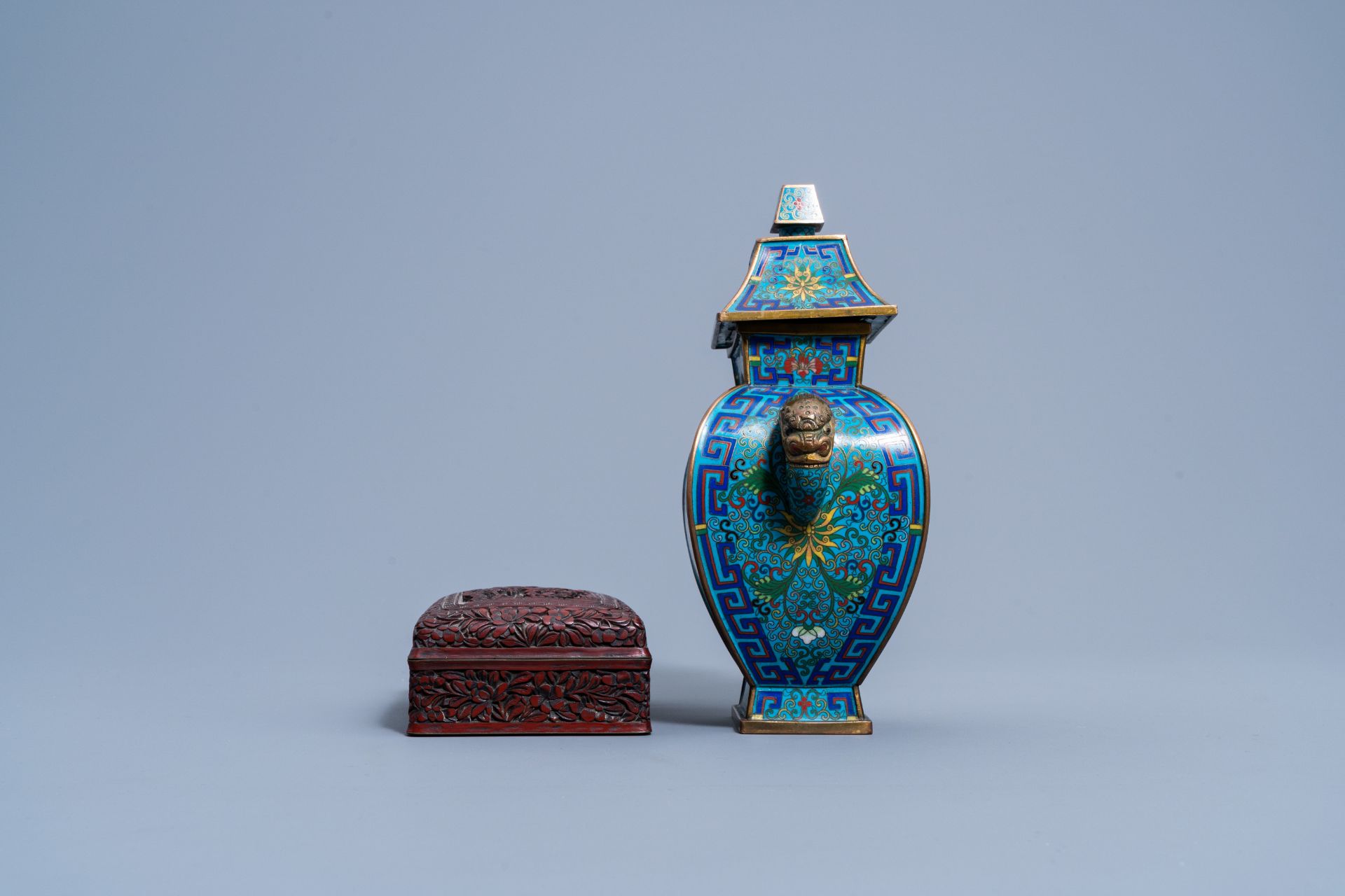 A Chinese red lacquer box and cover with an animated landscape and a cloisonnŽ vase and cover and di - Image 6 of 10