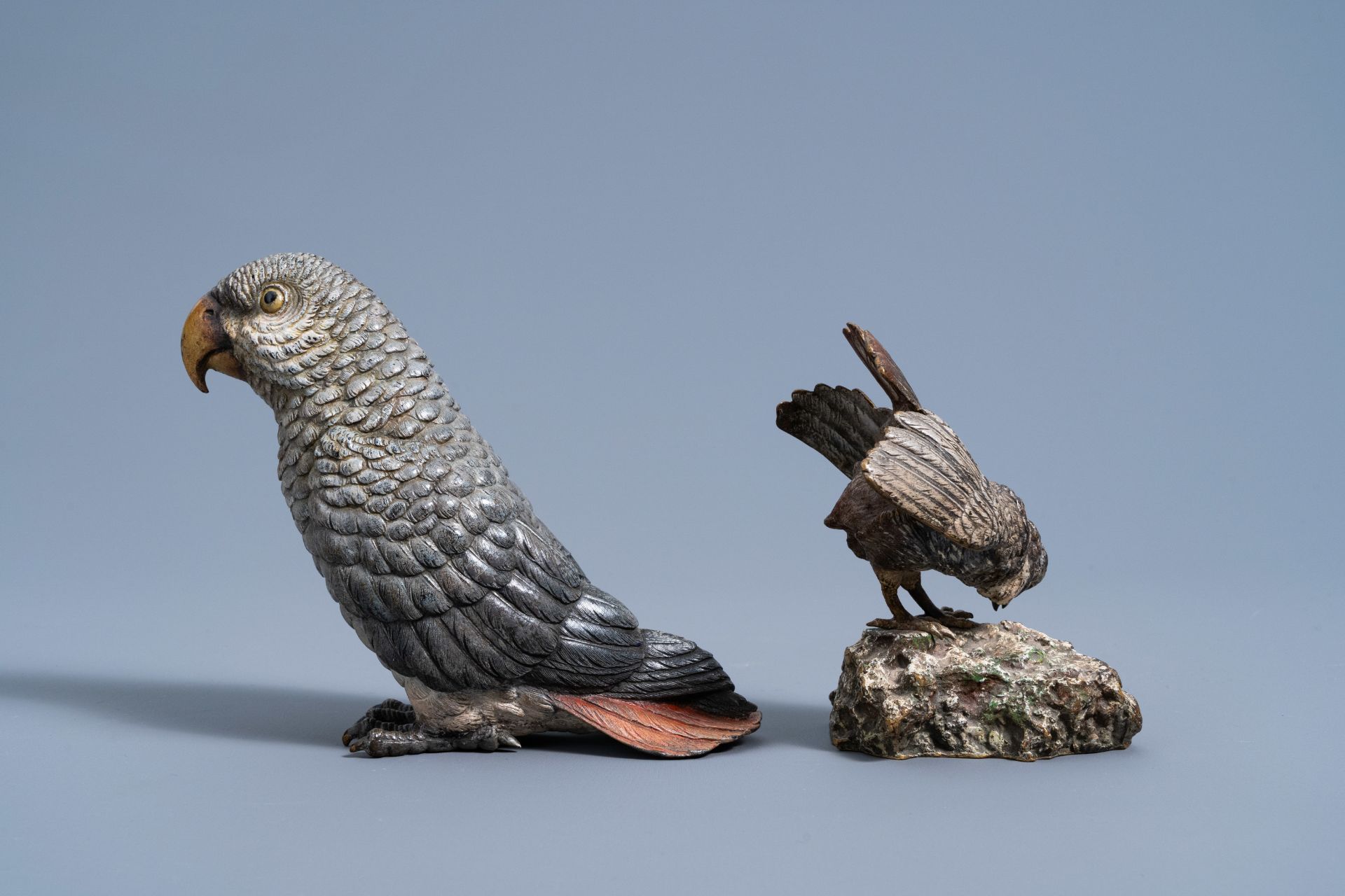 A Viennese polychrome cold painted bronze figure of an African grey parrot and a bird on a rock, 19t - Image 4 of 8