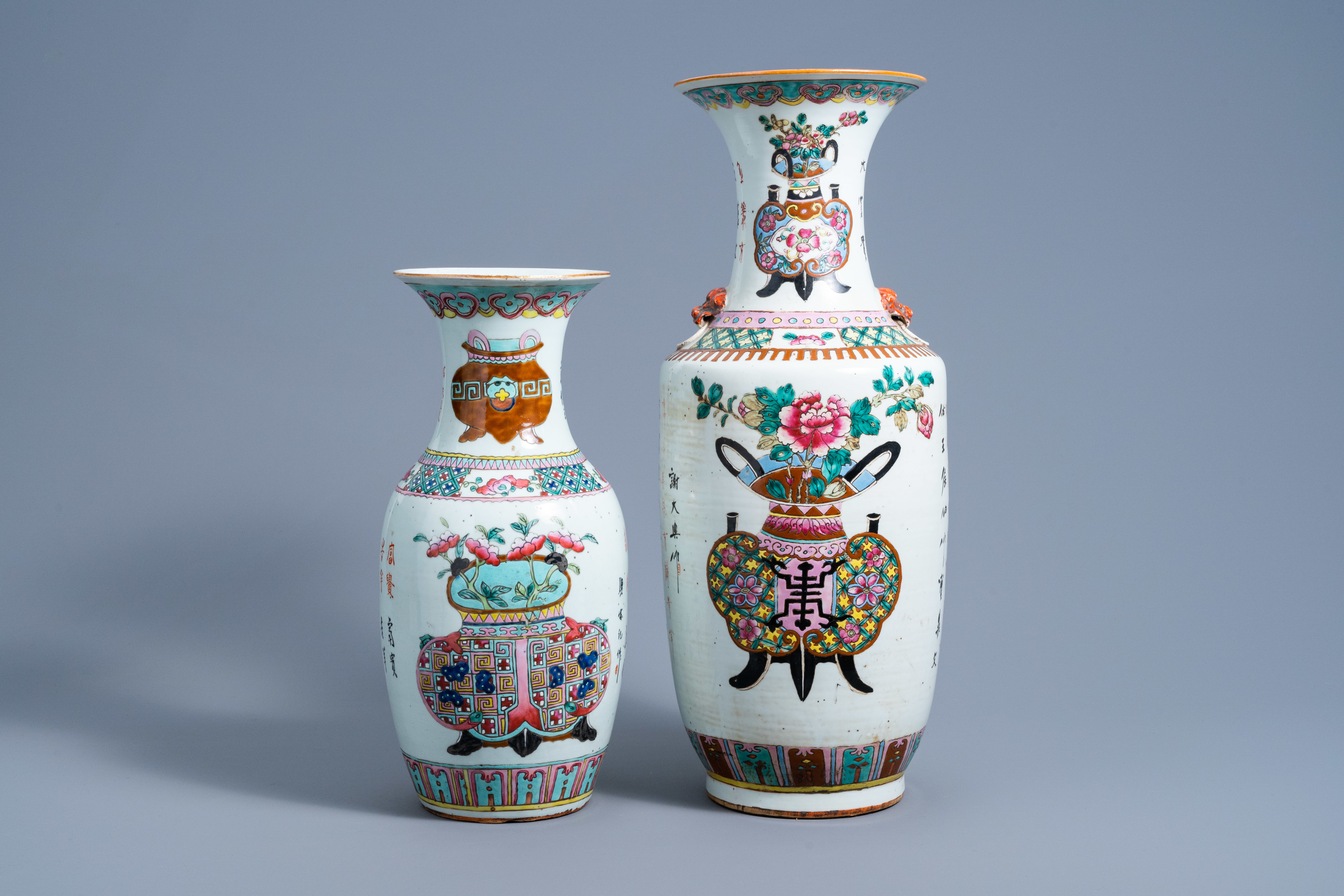 Two Chinese famille rose 'antiquities' vases, 19th C.