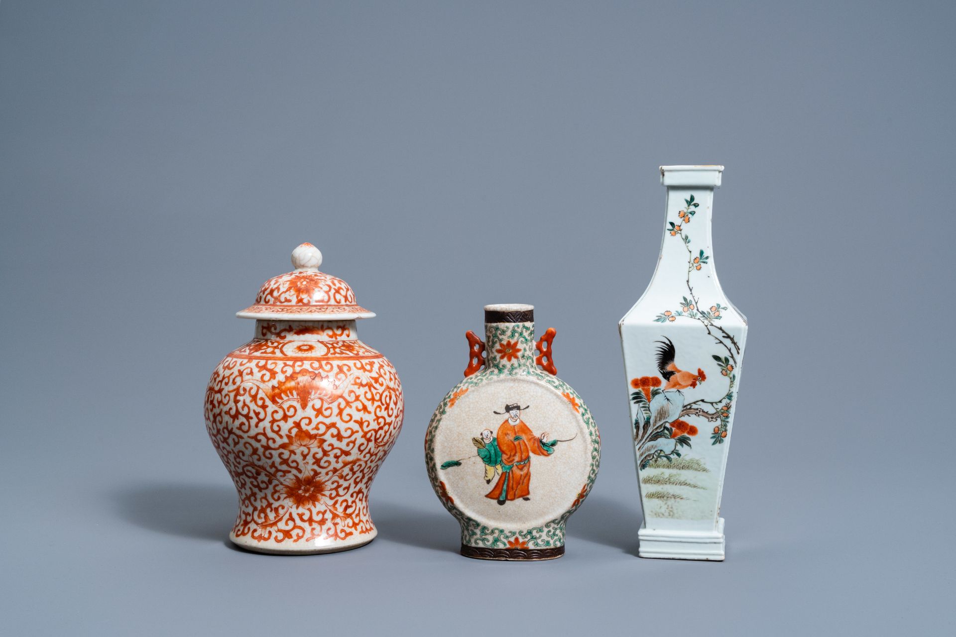 A Chinese square famille rose vase, an iron-red vase and cover and a Nanking crackle glazed famille - Image 4 of 7