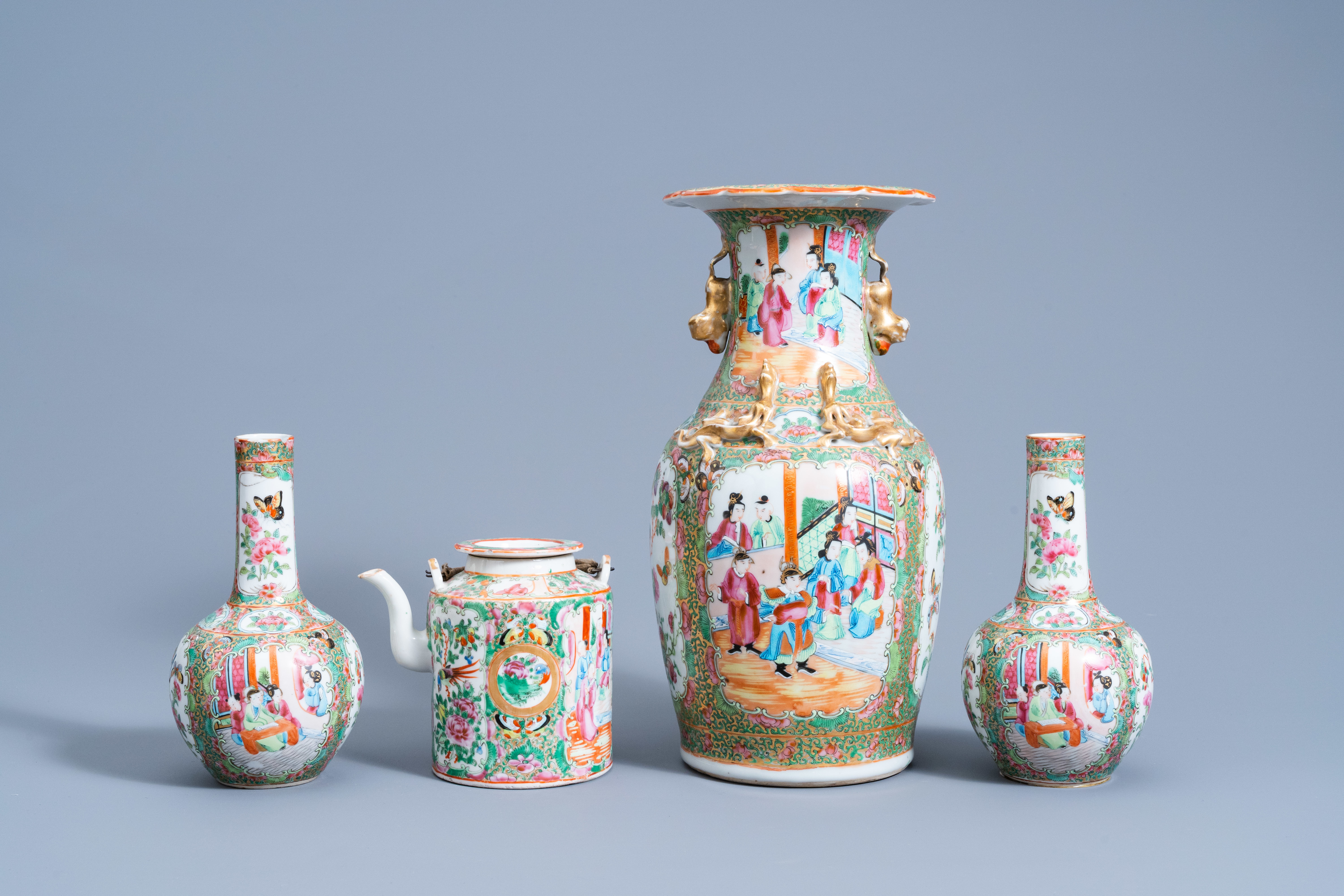 Eight Chinese Canton famille rose vases and a teapot and cover, 19th C. - Image 6 of 16