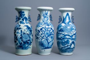 Three Chinese blue and white celadon ground vases with birds among blossoming branches and an animat