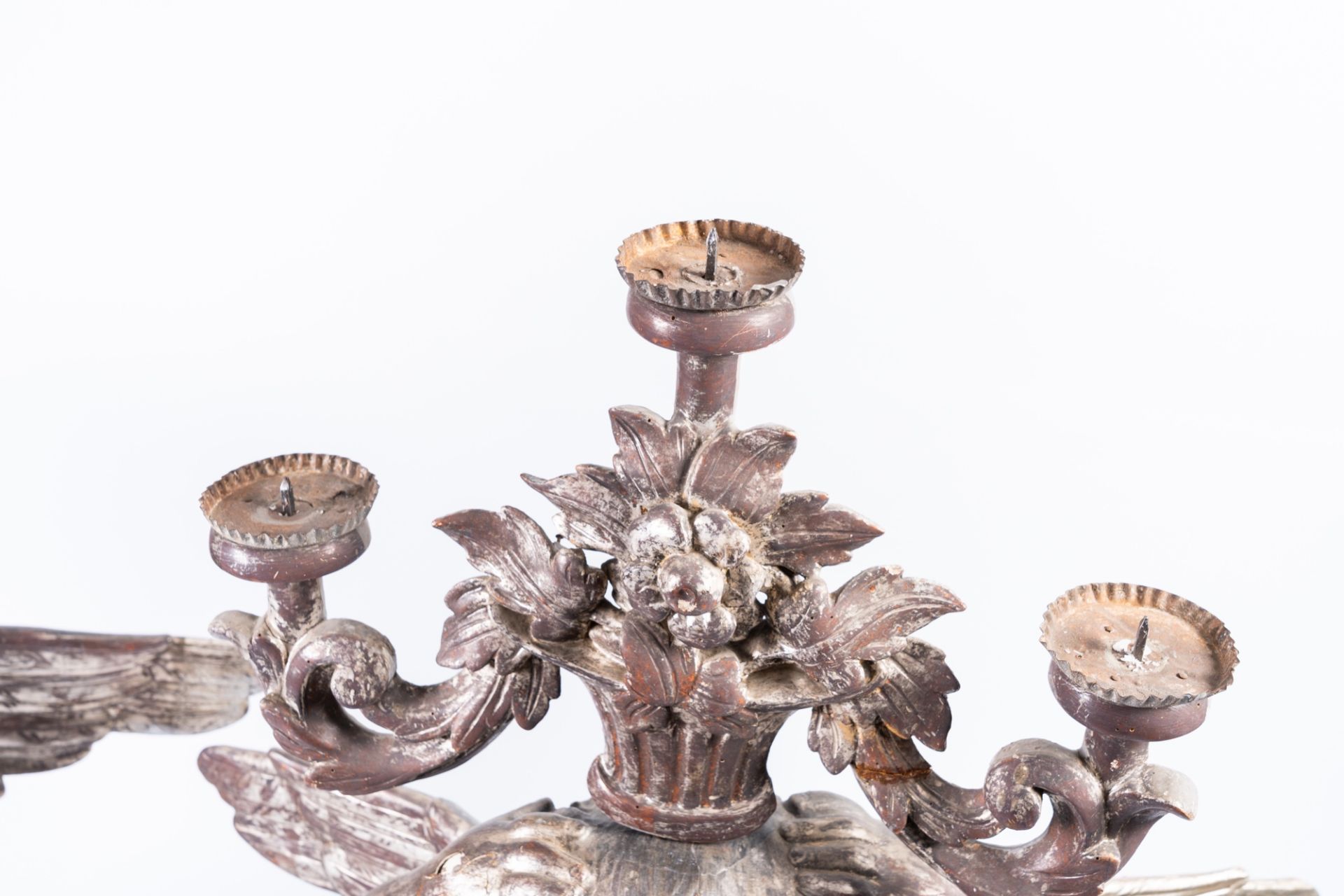 A pair of imposing Italian carved, polychrome painted and silver-plated wood angel shaped candlestic - Image 8 of 17