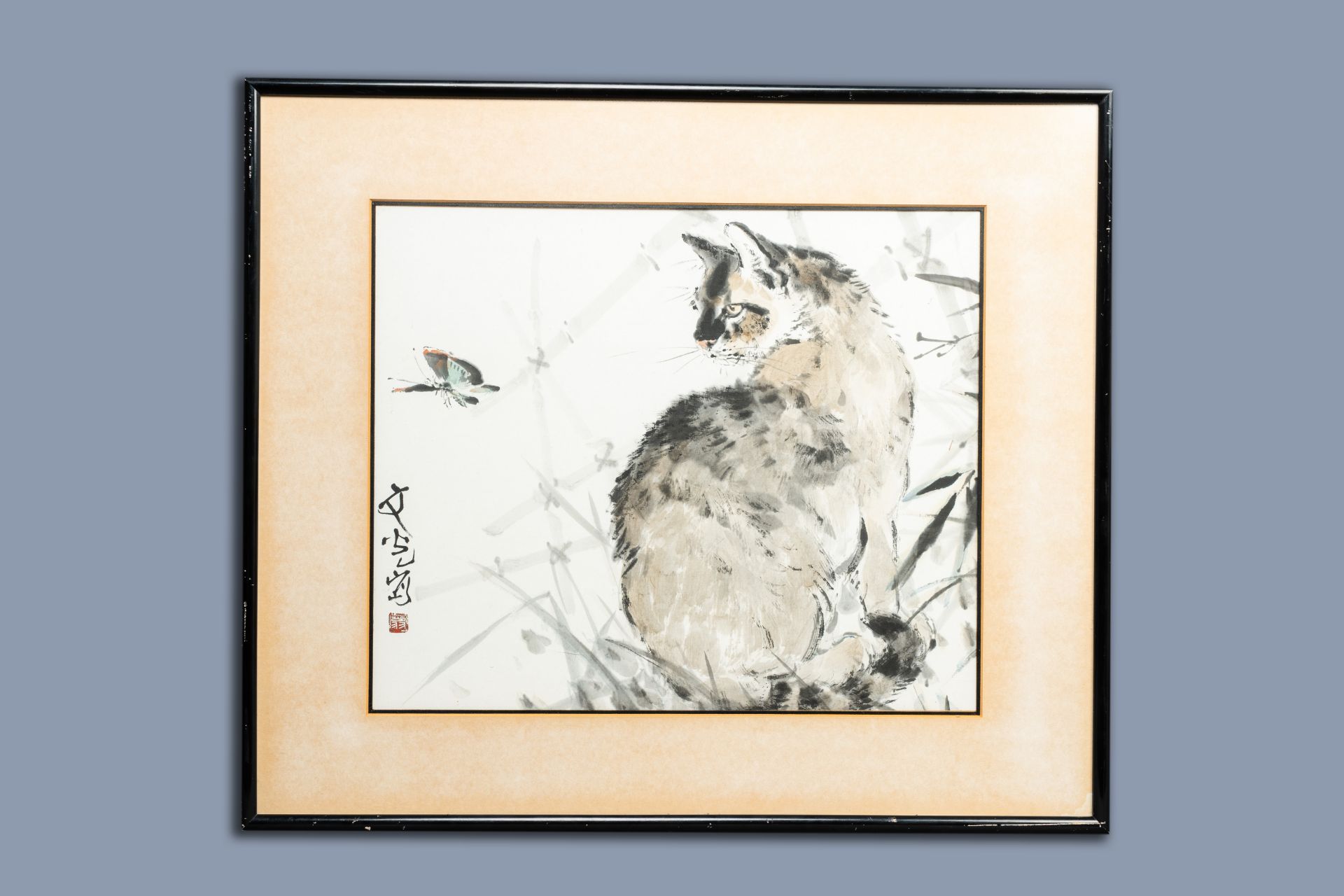 Chinese school: A cat and a butterfly, ink and colours on paper, 20th C. - Image 2 of 4