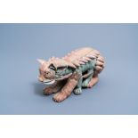 European school: A figure of a feline mythical animal, polychrome glazed terracotta, 20th C.