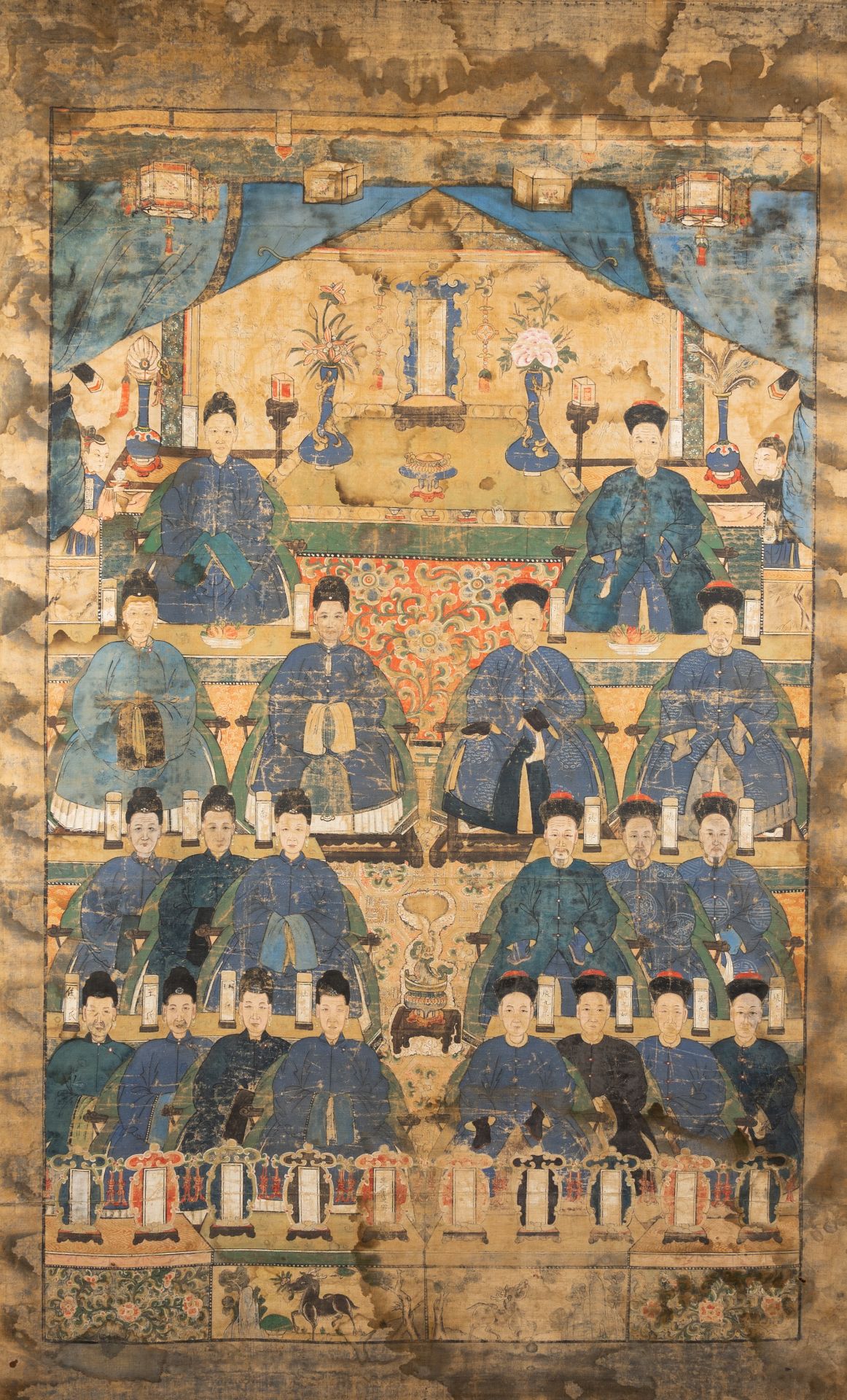 Chinese school: A large ancestor portrait, ink and colours on canvas, 19th C. - Image 3 of 15