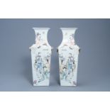 A pair of Chinese square qianjiang cai vases with landscapes and Immortals, 19th/20th C