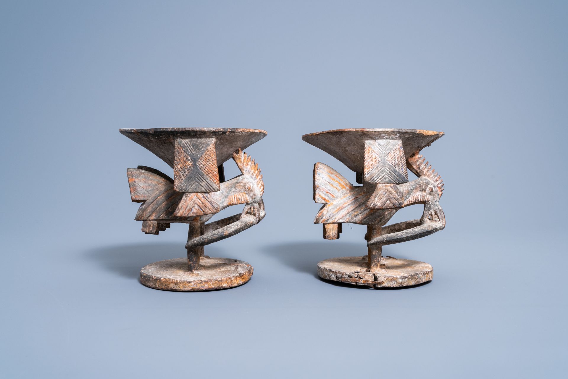 A pair of carved wood and polychrome painted 'Ifa divination' bowls with birds, Yoruba, Nigeria, 20t - Image 3 of 8