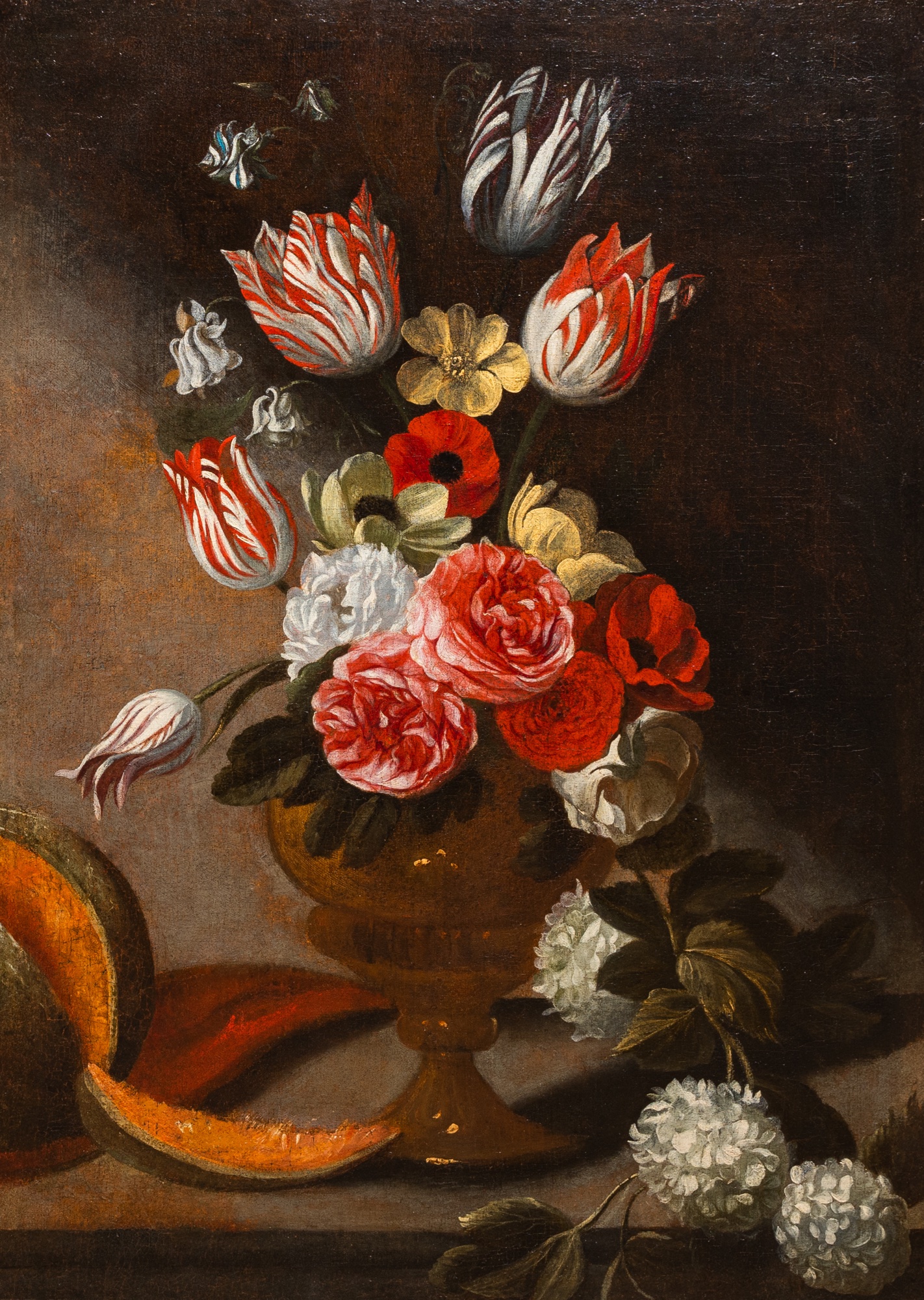 Michel Bouillon (active 1638-1674): Still life with flowers and melon, oil on canvas, 17th C.