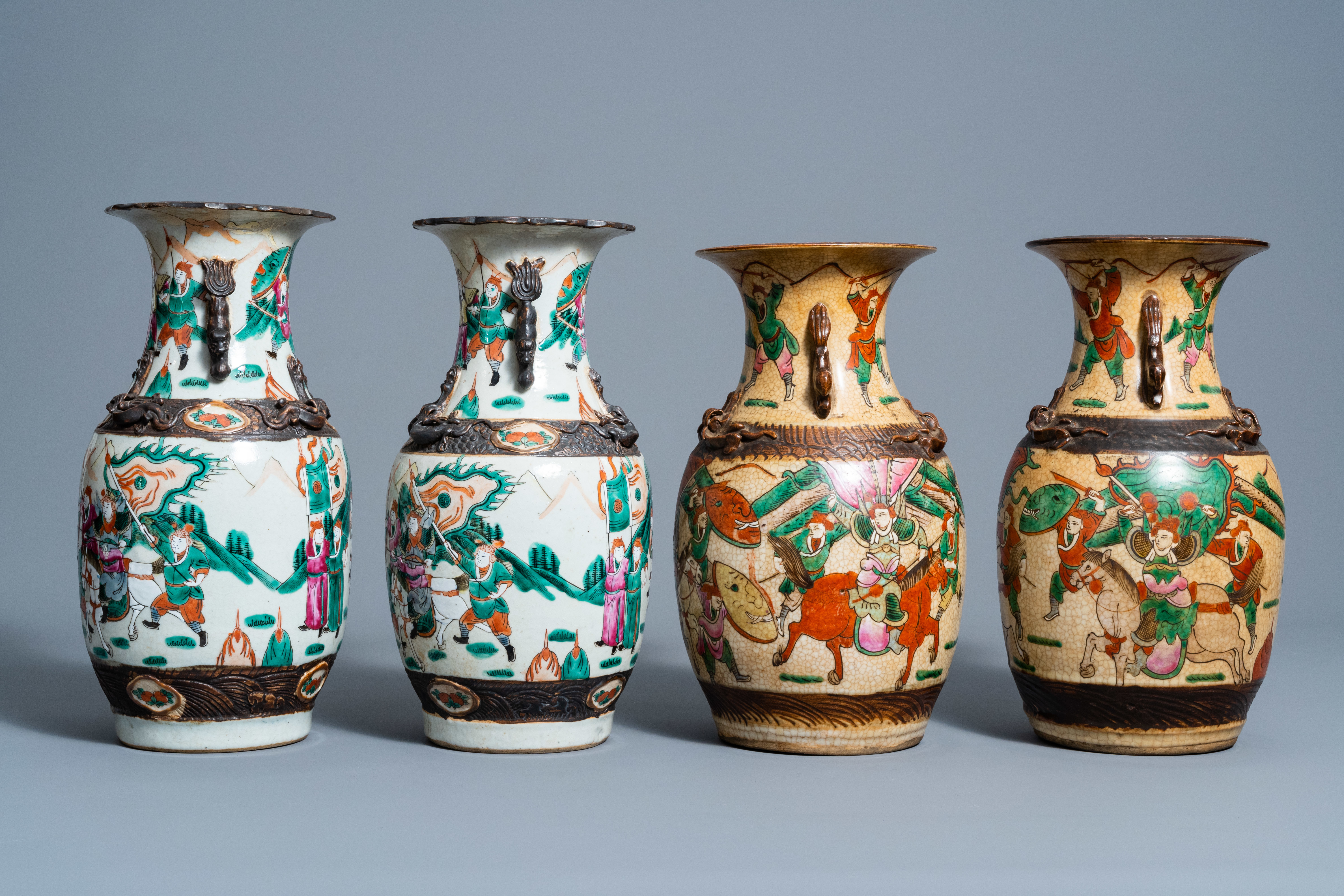 A varied collection of eight Chinese Nanking crackle glazed famille rose and verte vases with warrio - Image 9 of 13