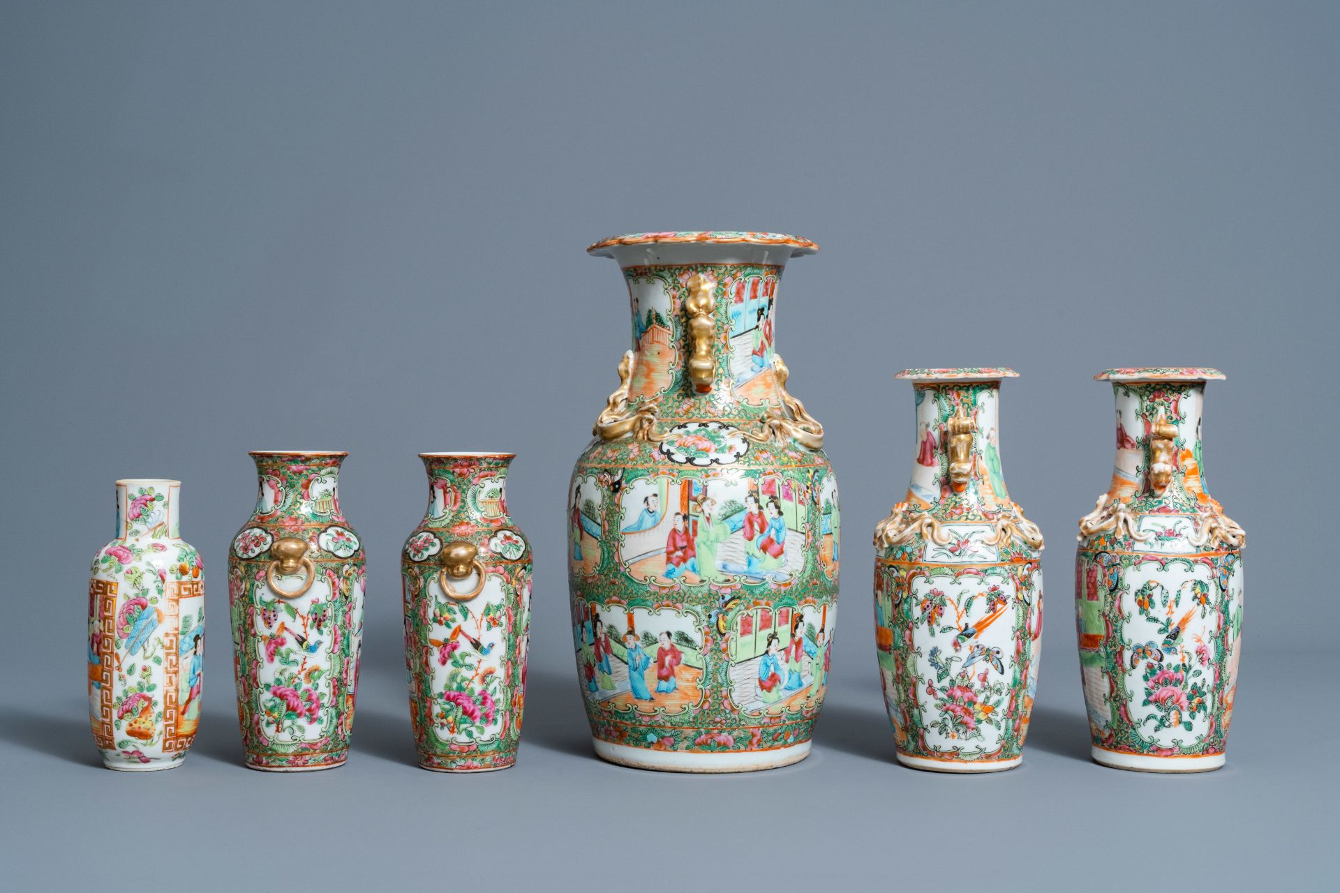 Six Chinese Canton famille rose vases, a jar and cover and a cream jug, 19th C. - Image 5 of 13